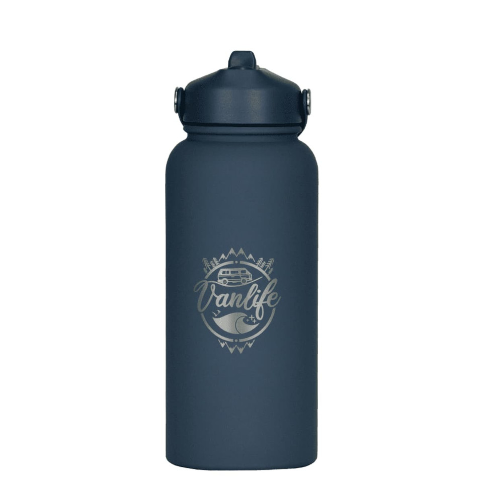A drink bottle with a rubber-coated finish in dark blue, featuring a logo and a secure top cap.