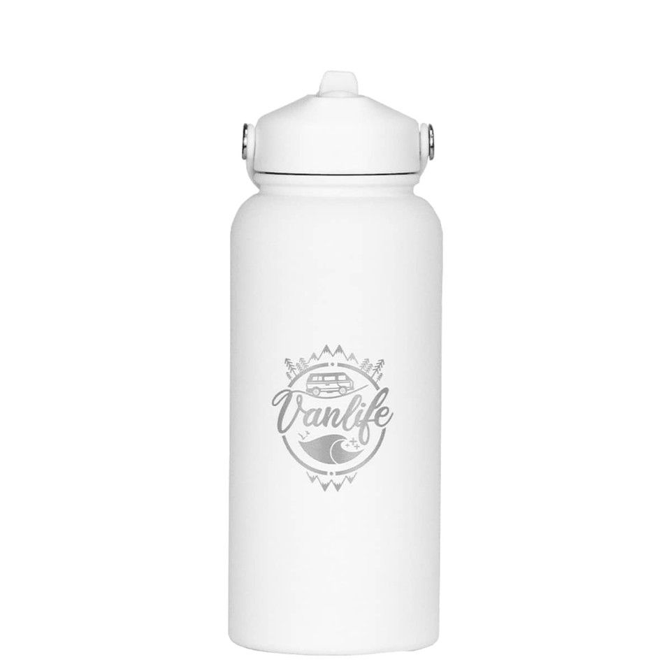 A drink bottle in white with a logo design, featuring a wide mouth and a secure lid.