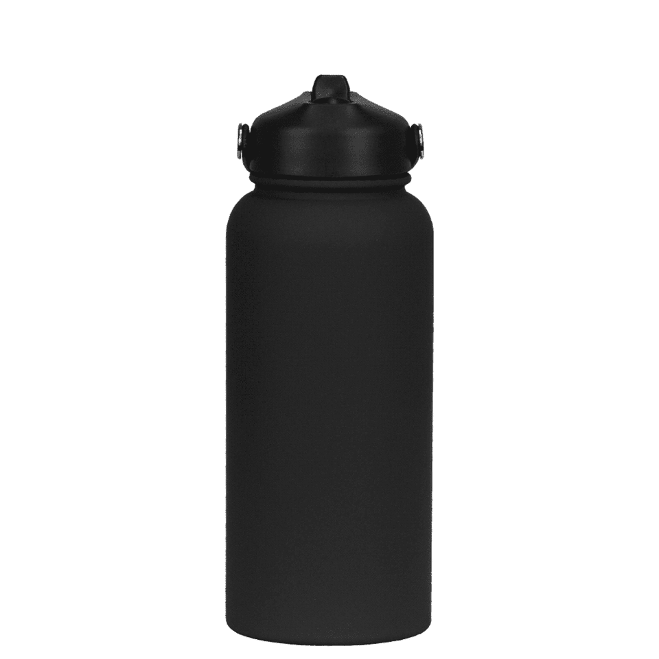 A drink bottle in matte black with a rubber-coated finish, featuring a twist-off top and a logo.
