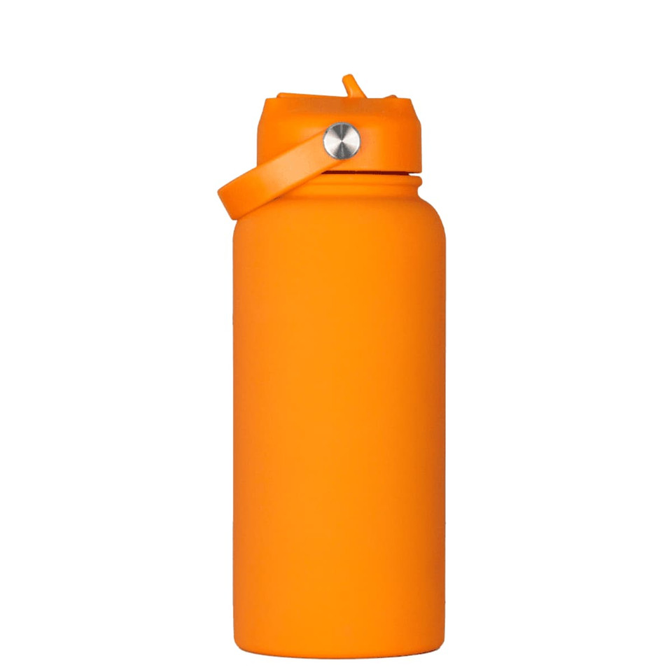A drink bottle in bright orange with a rubber coating and a metal accent on the cap, featuring a strap.