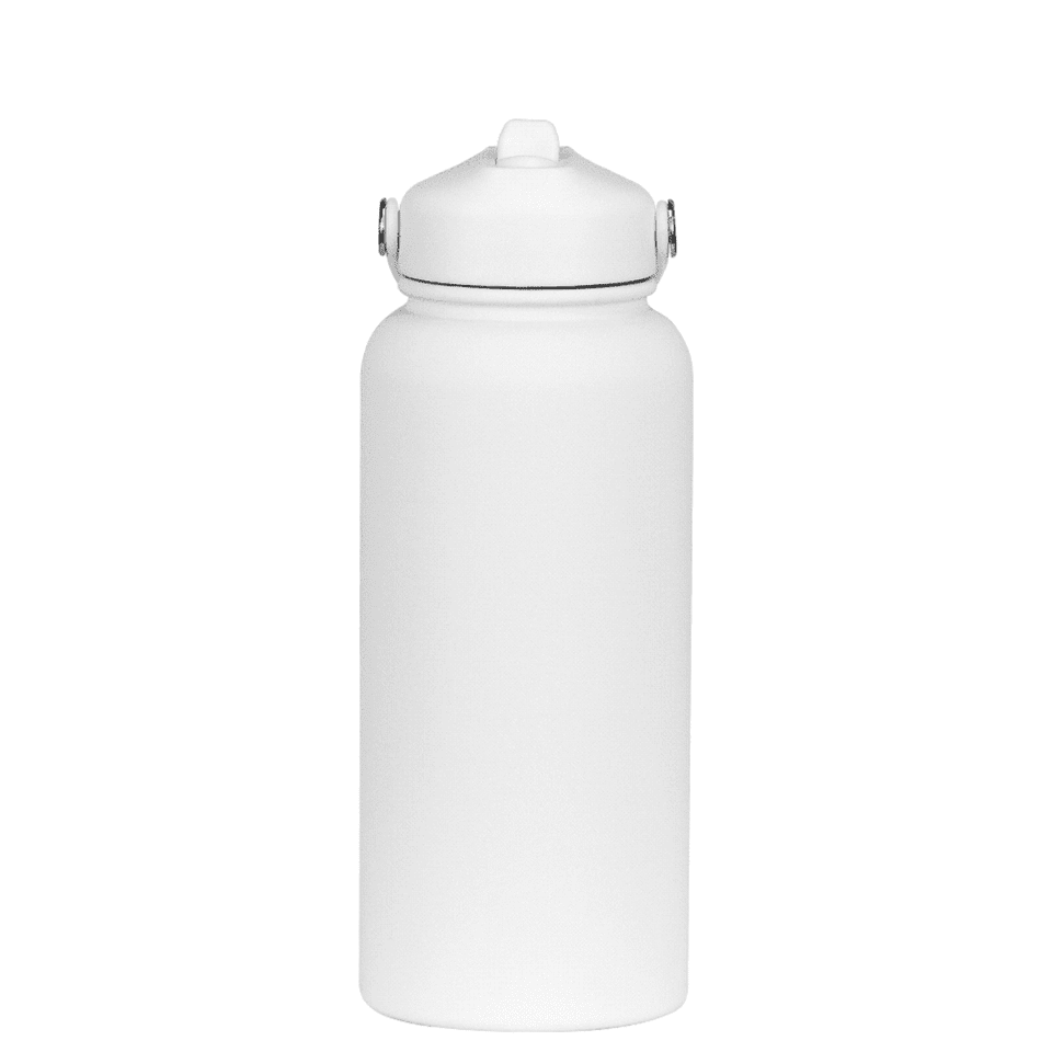 A drink bottle in white, featuring a rubber coating and a screw-on lid, with a logo visible.