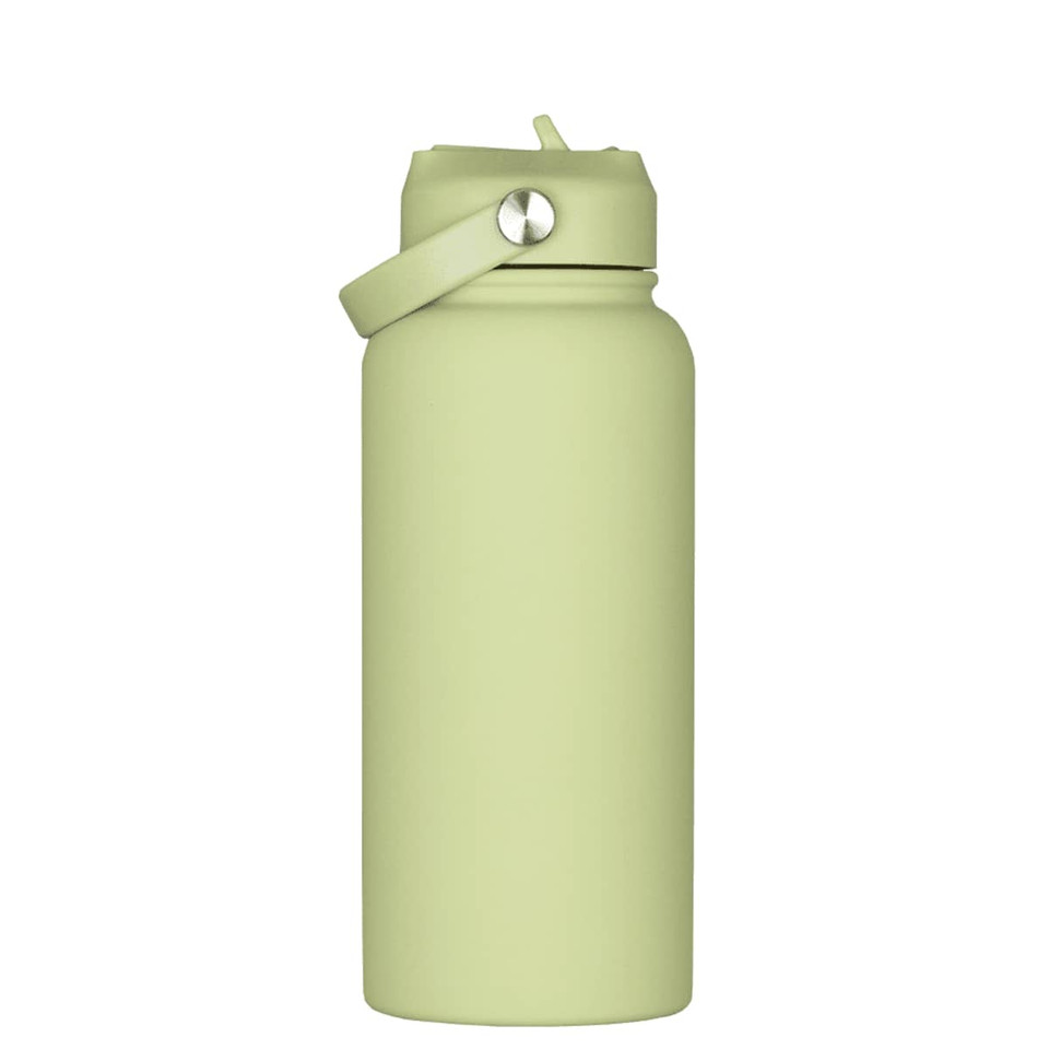 A drink bottle in a soft green colour with a rubber coating and a metal lid and strap. It features a logo.