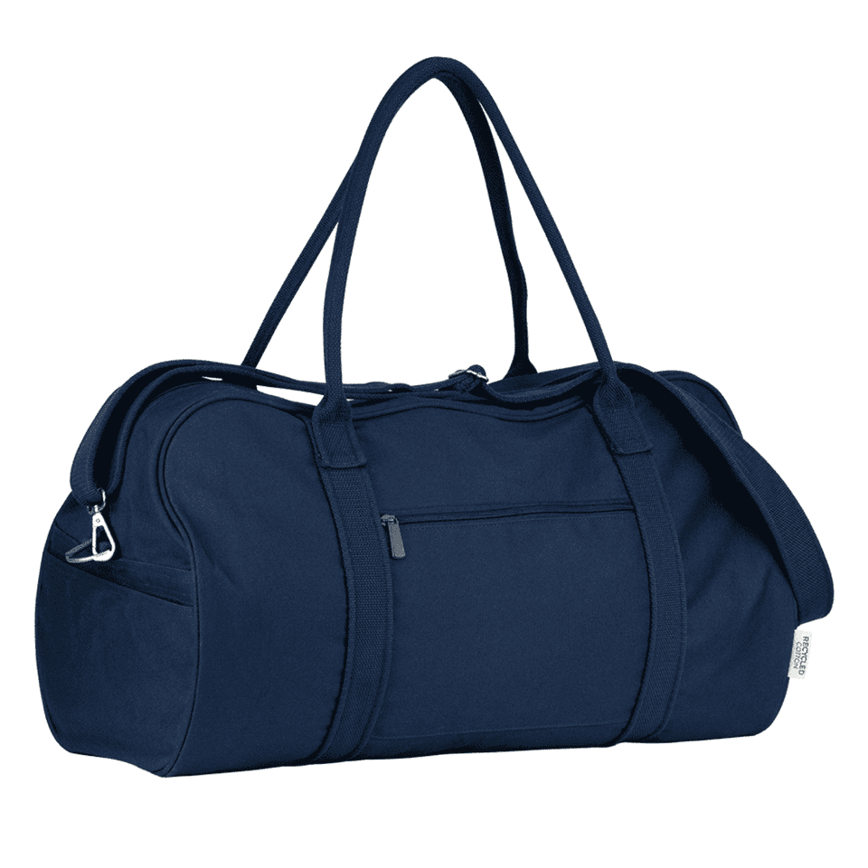 A navy blue duffle bag with a zippered main compartment and sturdy handles, featuring a small front pocket and branding.