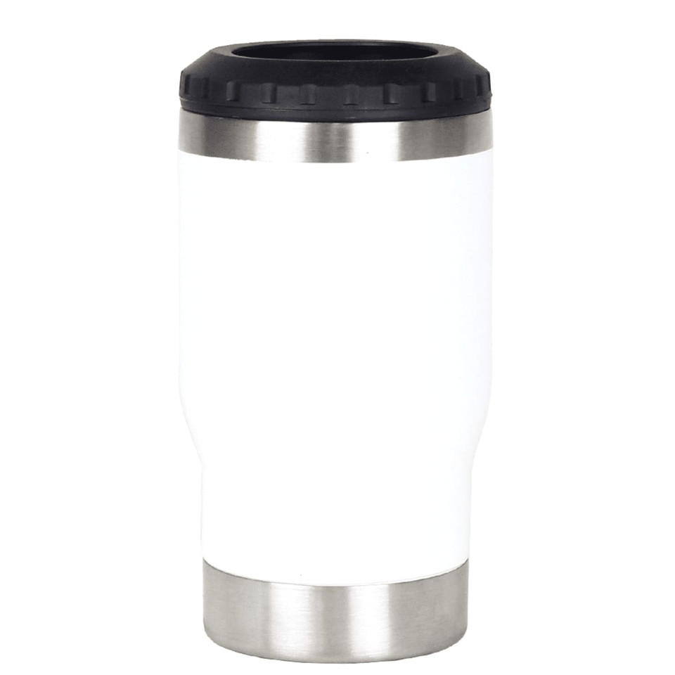 A drink bottle featuring a white body and a black lid, made from stainless steel. It has a logo visible on the surface.
