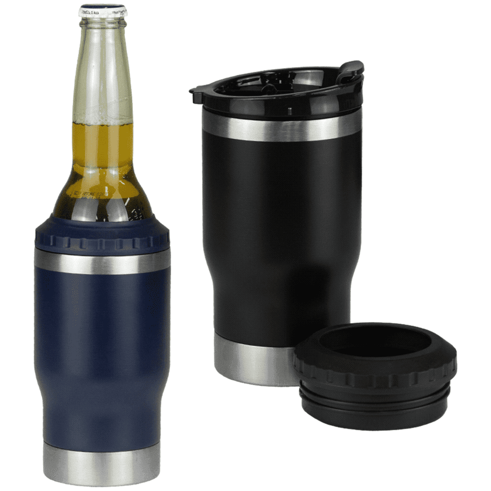A drink bottle with a navy blue and stainless steel finish, designed as a tumbler cooler with a removable lid.