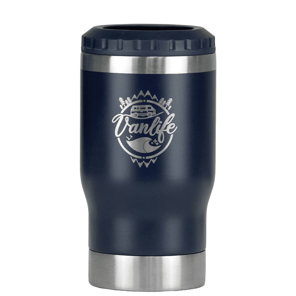 A drink bottle in navy blue with a stainless steel base and a logo featuring a van and mountains.