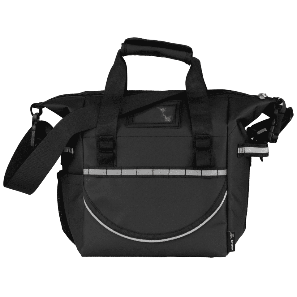 A black cooler bag with handles and a shoulder strap, featuring a front pocket and reflective detailing.