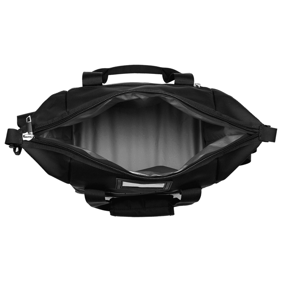 A black cooler bag with an open top, revealing a spacious grey interior. It features handles and zippers.