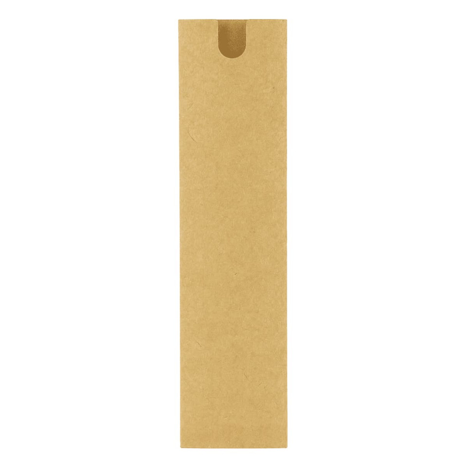 A brown cardboard packaging sleeve with a cut-out at the top, designed to hold a pen or similar item.