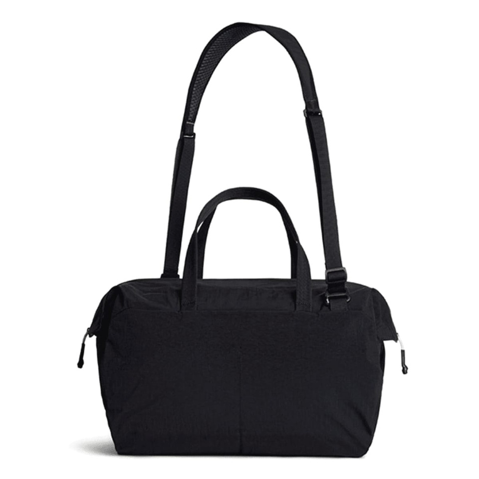 A black duffel bag with dual top handles and a detachable shoulder strap, featuring a logo.