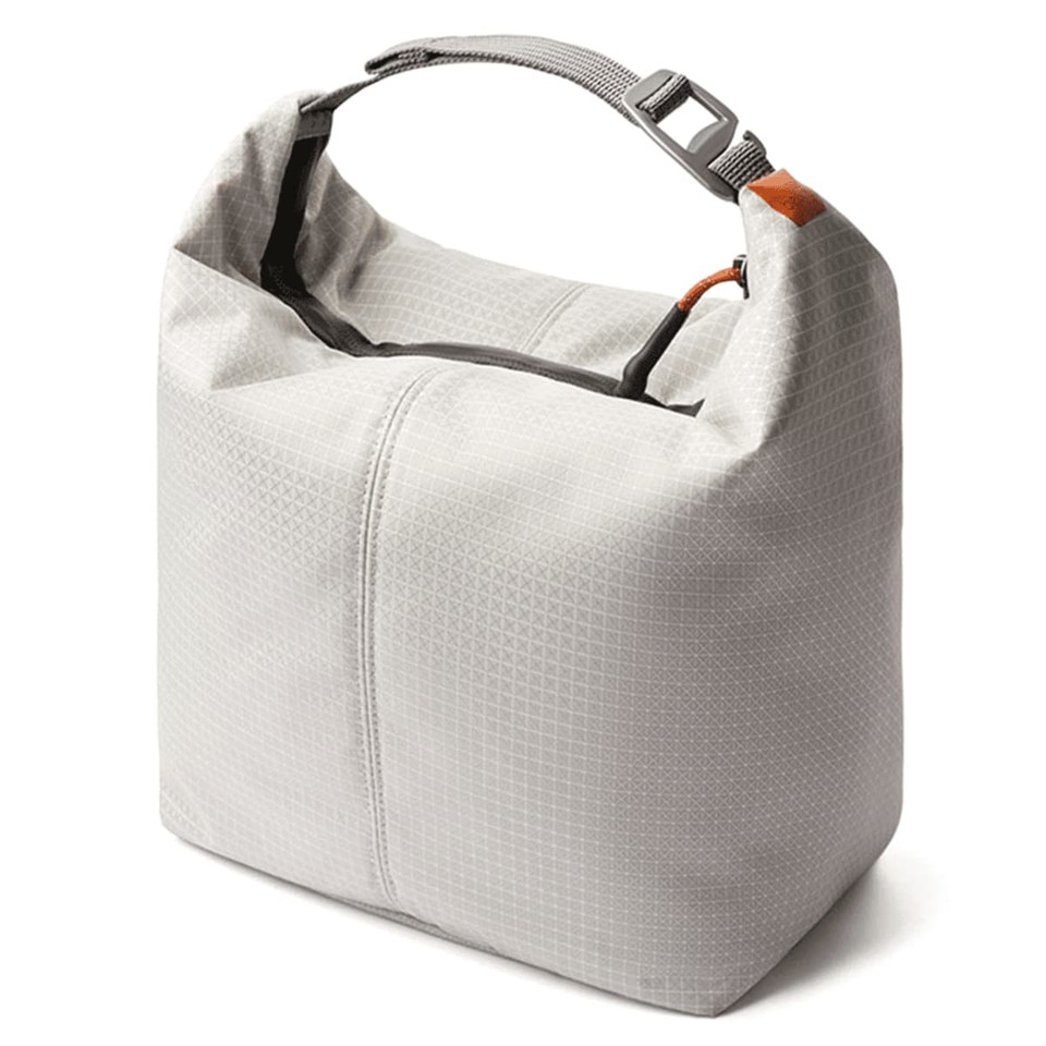 A grey cooler bag with a sturdy handle and a buckle closure, featuring a textured surface and logo branding.