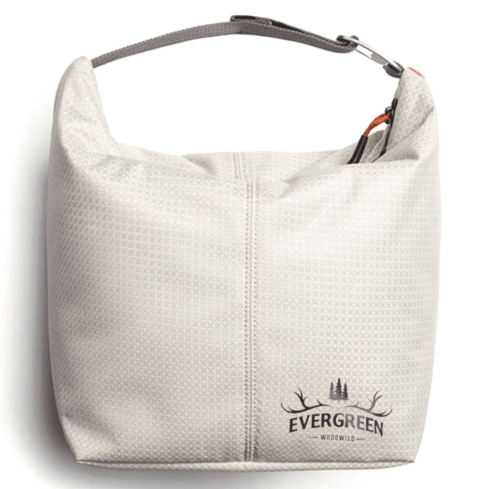 A light grey cooler bag with a logo, featuring a zip closure and a handle for easy carrying.