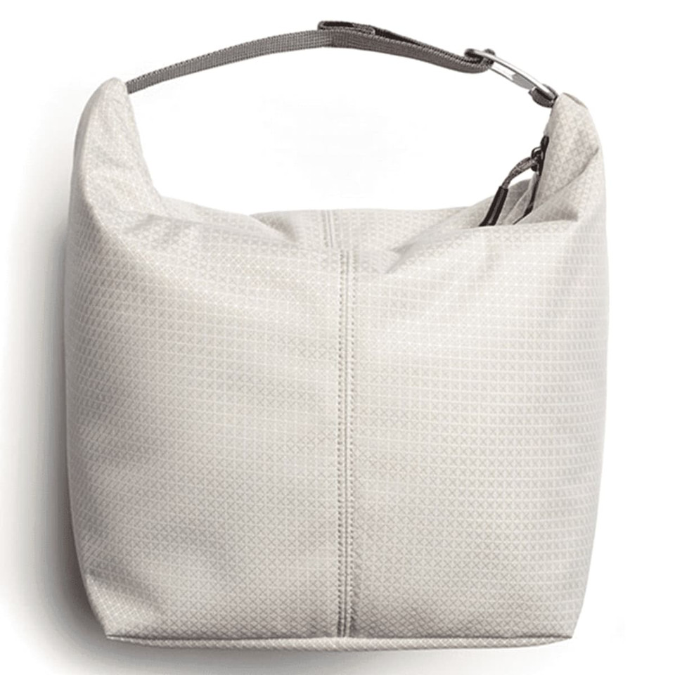 A light grey cooler bag with a handle, featuring a simple design and a logo on the side.