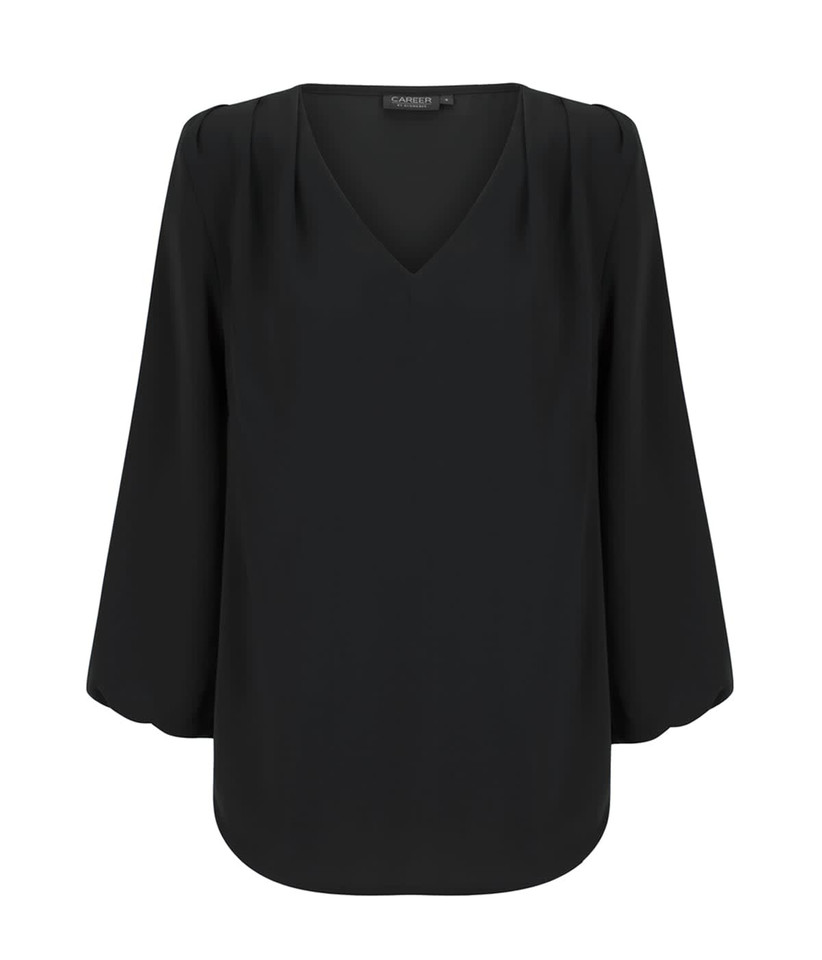 A black V-neck popover shirt with three-quarter bell sleeves, featuring pleated detailing and a subtle branding.