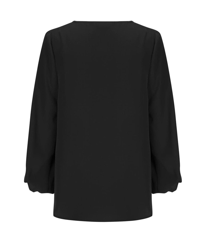 A black V-neck popover shirt with a loose fit and long sleeves. The back view is displayed, showcasing its simple design.