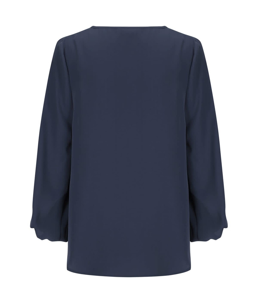 A navy blue Cali V Neck Popover shirt with long puffed sleeves and a loose fit. Features a logo.
