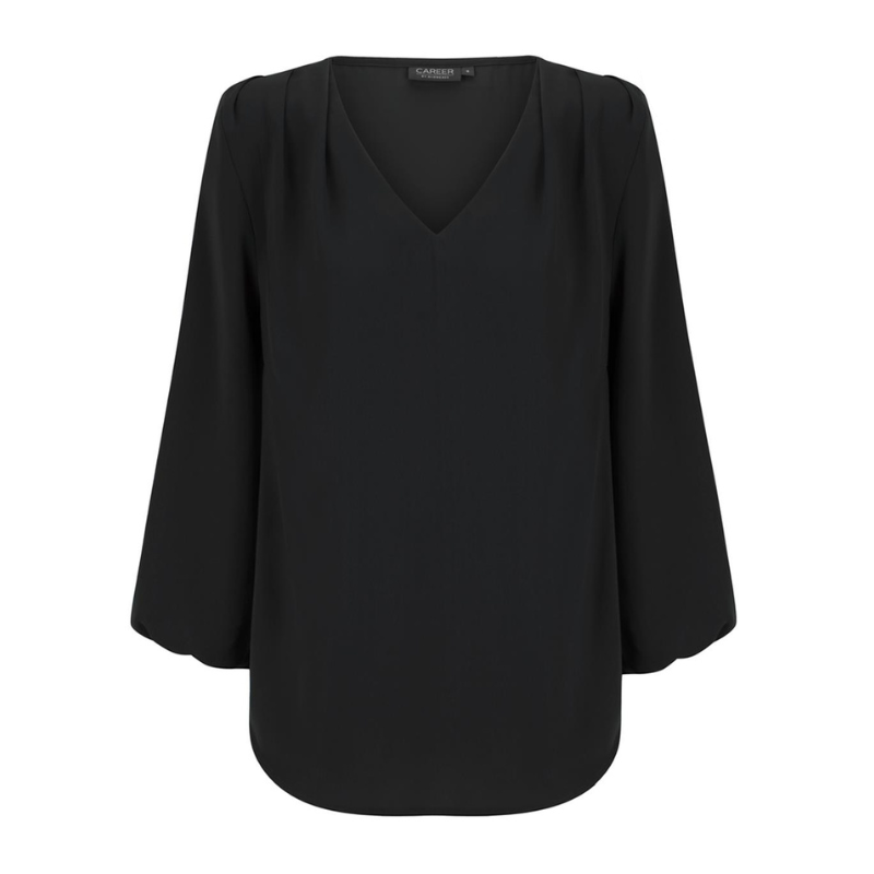 A black V-neck popover shirt with three-quarter bell sleeves and pleated details, featuring a logo tag.