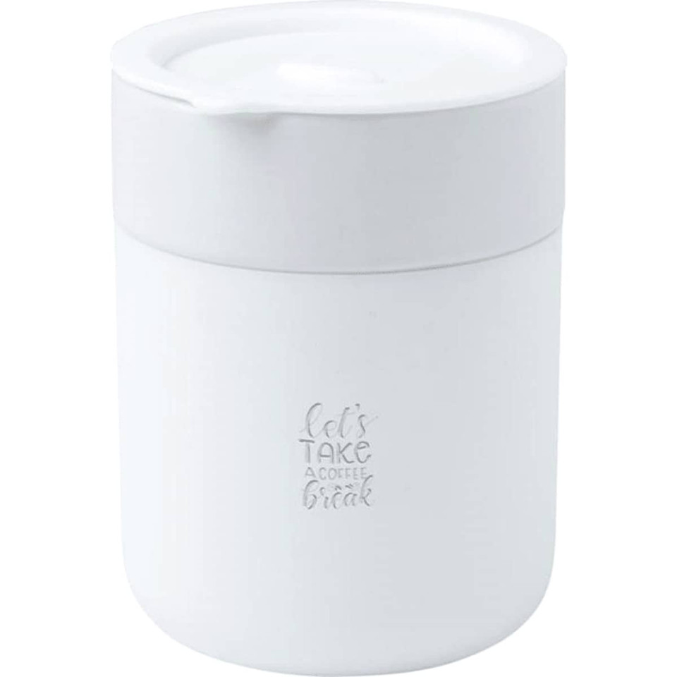 A ceramic tumbler in white with a silicone wrap, featuring a lid and a logo.
