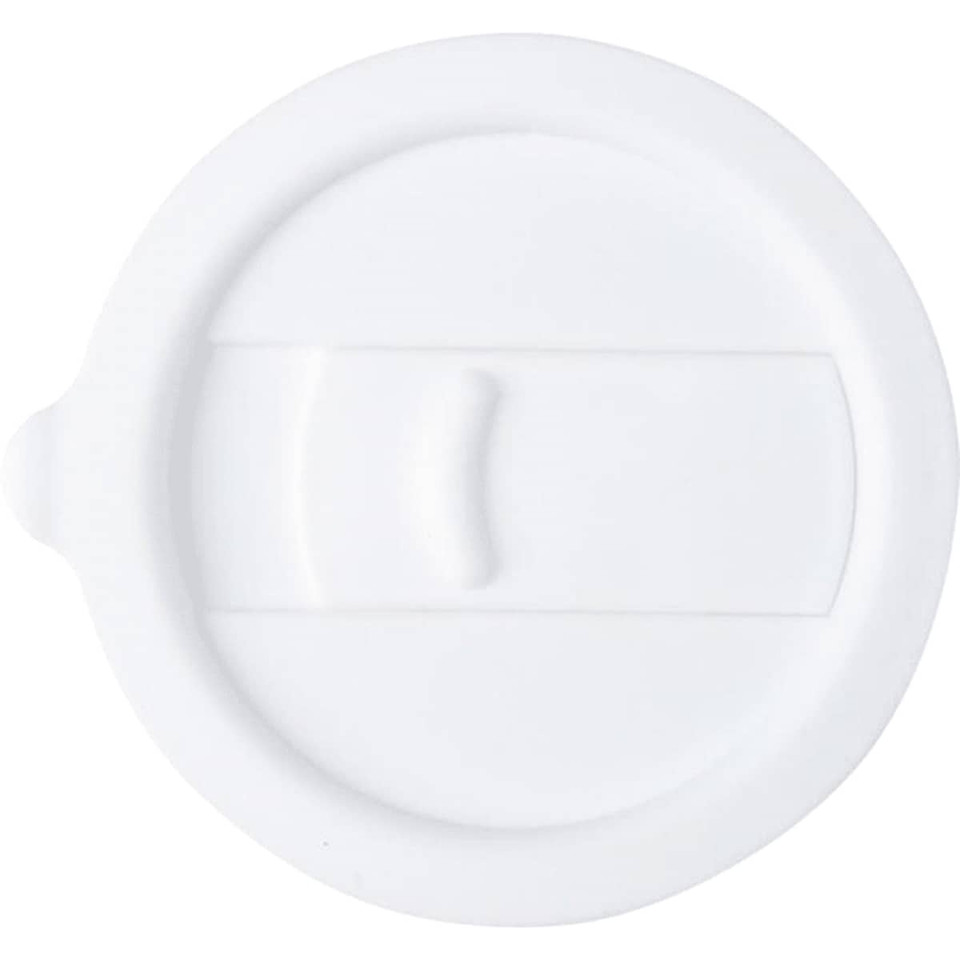 A drink bottle lid in white, featuring a sliding closure mechanism. It has a smooth surface and a rounded shape.