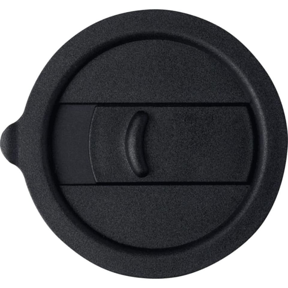 A black lid for a drink bottle, featuring a sliding closure and a textured grip. It has a circular design.