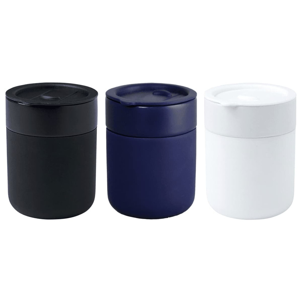 A drink bottle set featuring three ceramic tumblers in black, navy, and white, each with a silicone wrap and a lid.