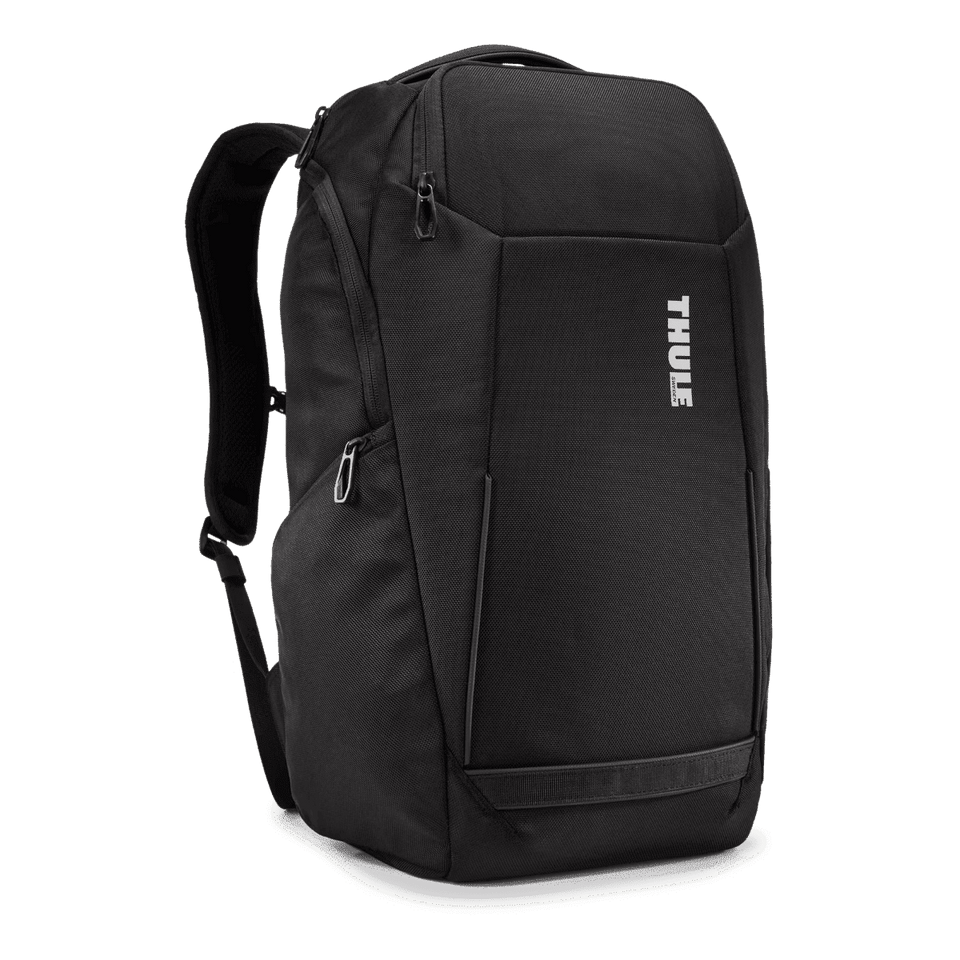 A black backpack with a structured design, featuring padded shoulder straps and a logo.