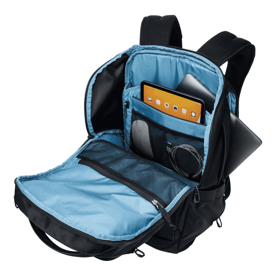 A black backpack with a blue interior, featuring compartments for a tablet, documents, and accessories.