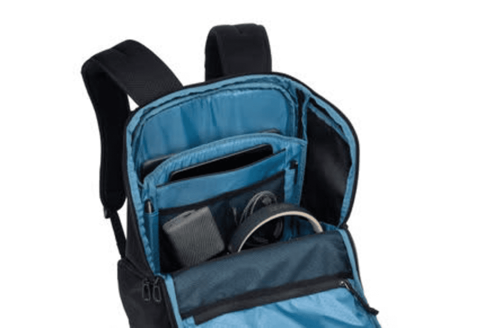 A black backpack with blue interior, featuring multiple compartments for storage, including sections for a laptop and accessories.