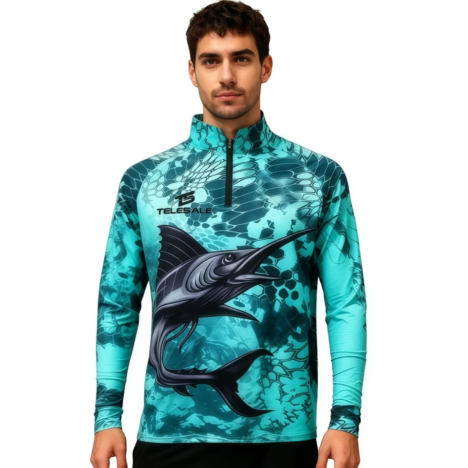 A men's 1/4 zip fishing pullover in turquoise and blue with a fish graphic and a logo.