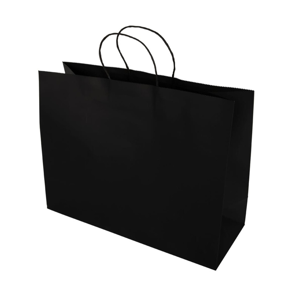 A black extra large paper bag with twisted handles and a smooth surface. The bag has a plain design and no text.