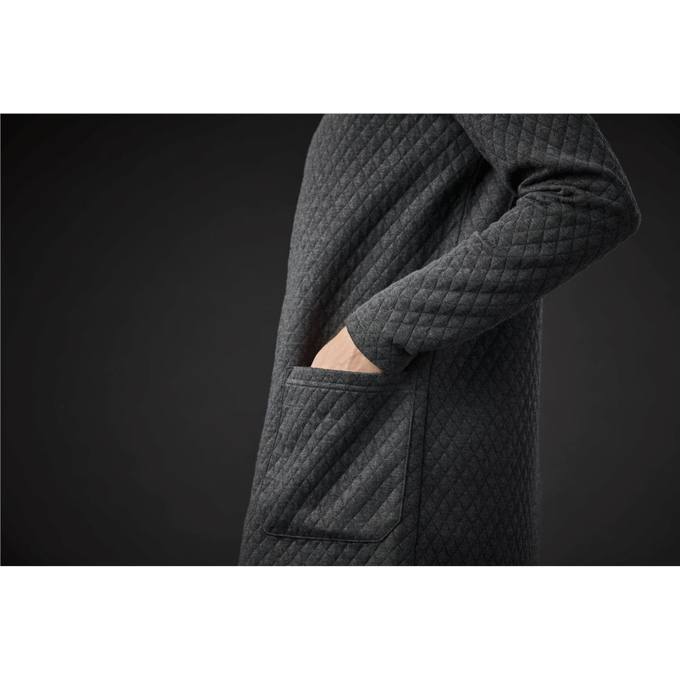 A dark green women's Chelsea open cardigan featuring a textured pattern and a side pocket.