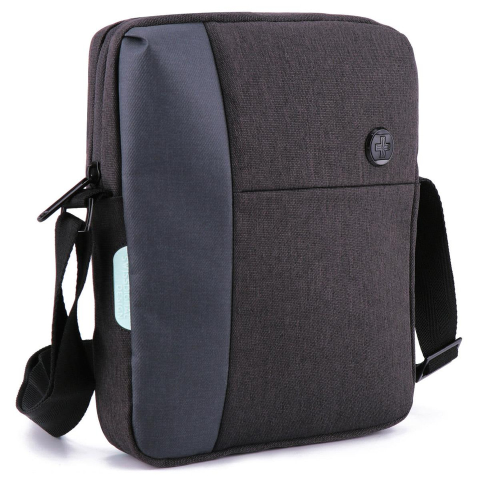 A Swissdigital Arosa shoulder bag in dark grey with a contrasting panel, featuring a logo and adjustable strap.