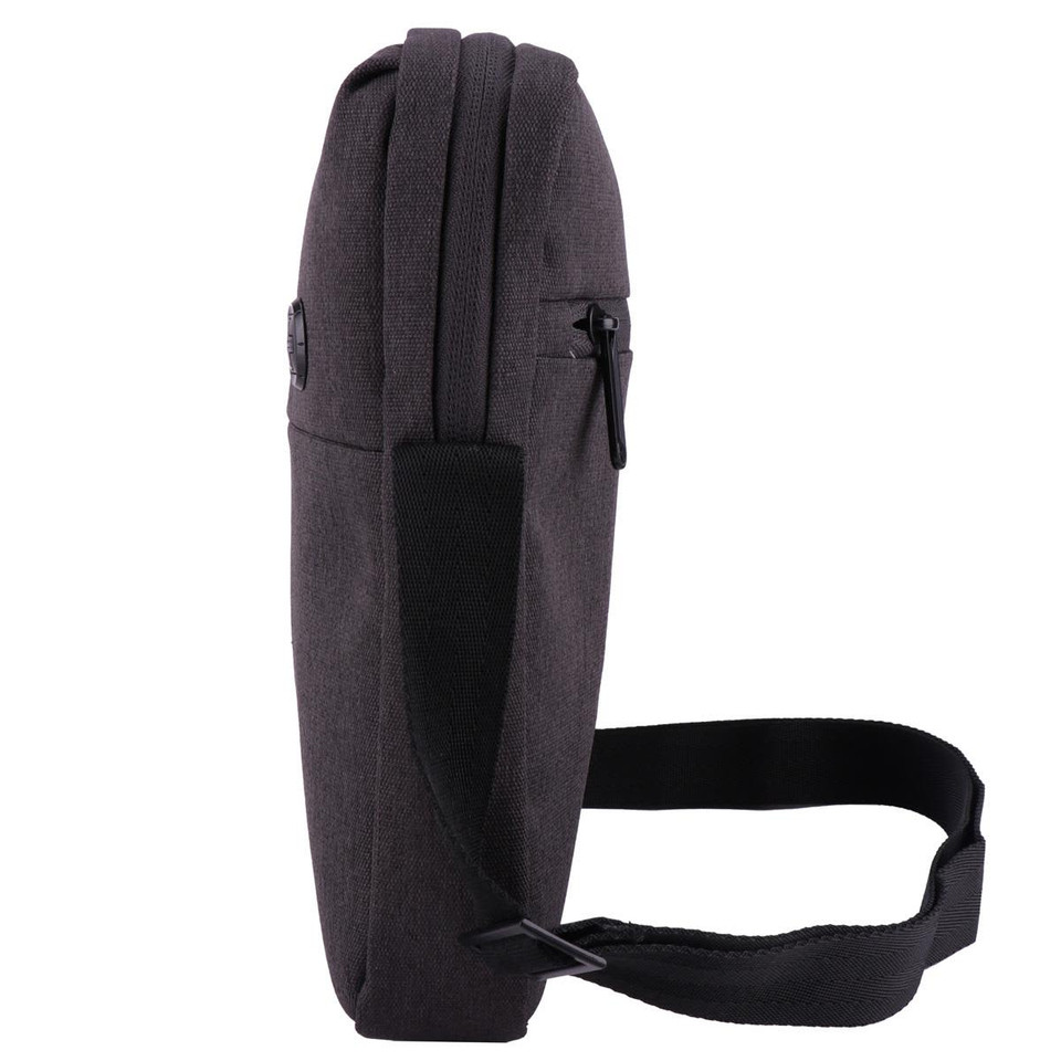 A dark grey shoulder bag with a shoulder strap and a side zipper, featuring a logo. Ideal for laptops and accessories.