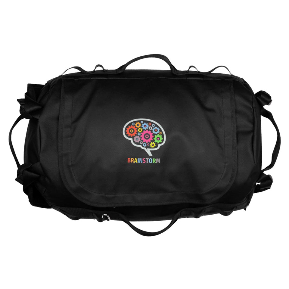 A black duffel bag with a colourful brain graphic and logo, featuring multiple handles and a zipper closure.