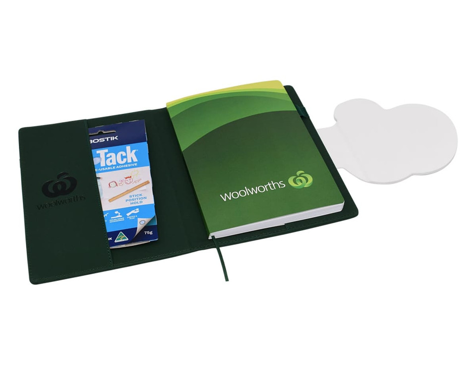 A green portfolio featuring a notebook and sticky notes, with a logo present on the cover.