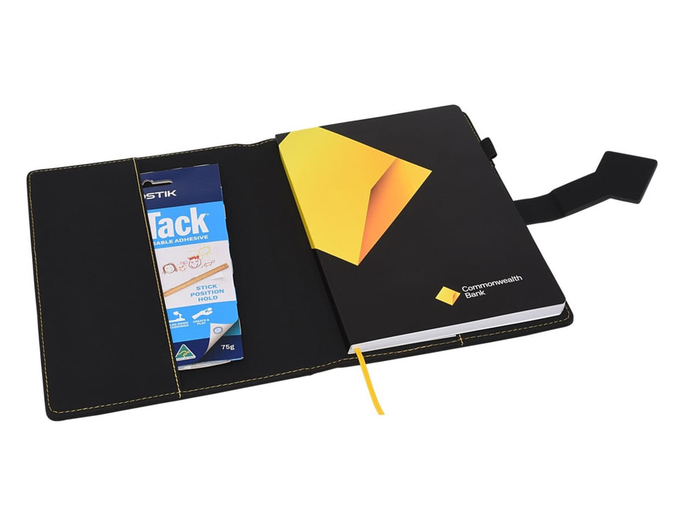 A black A5 portfolio featuring a yellow design, with an elastic band and a pocket for storing items.