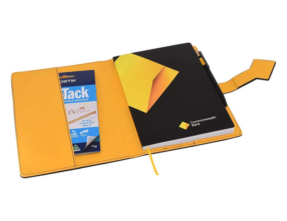 A black and yellow A5 portfolio with an internal pocket and a sticky adhesive holder. It features a branding logo.