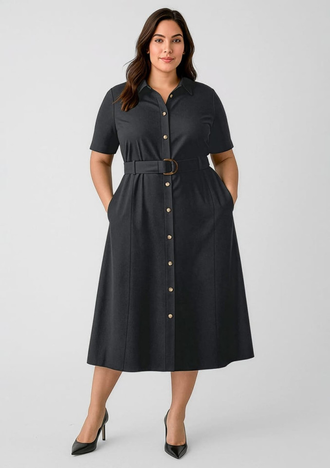 A women's midi dress in dark grey with short sleeves, a button-down front, and a belted waist. Features a logo.