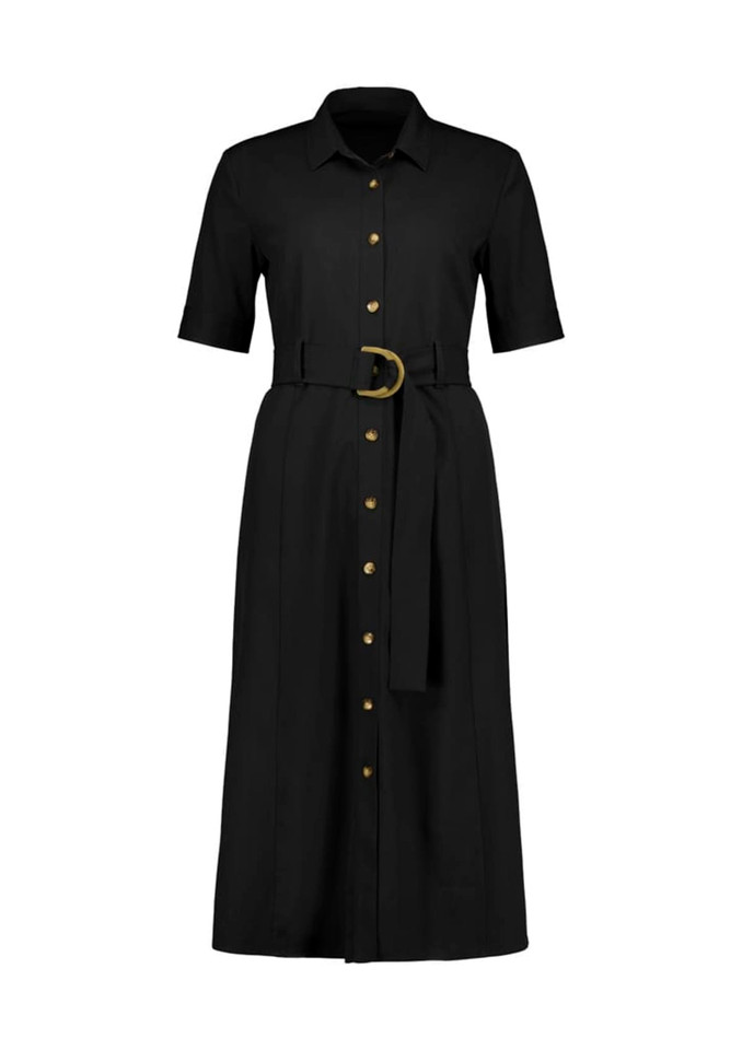 A black midi dress with short sleeves, button-down front, and a belt featuring a gold buckle. It has a logo present.