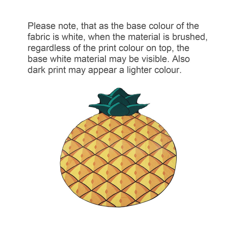 A custom shaped beach towel featuring a pineapple design with vibrant yellow and green colours.