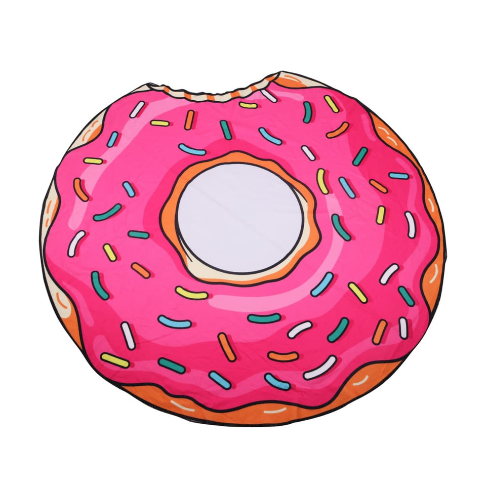 A custom-shaped beach towel, featuring a bright pink donut design with colourful sprinkles. It has a logo on it.