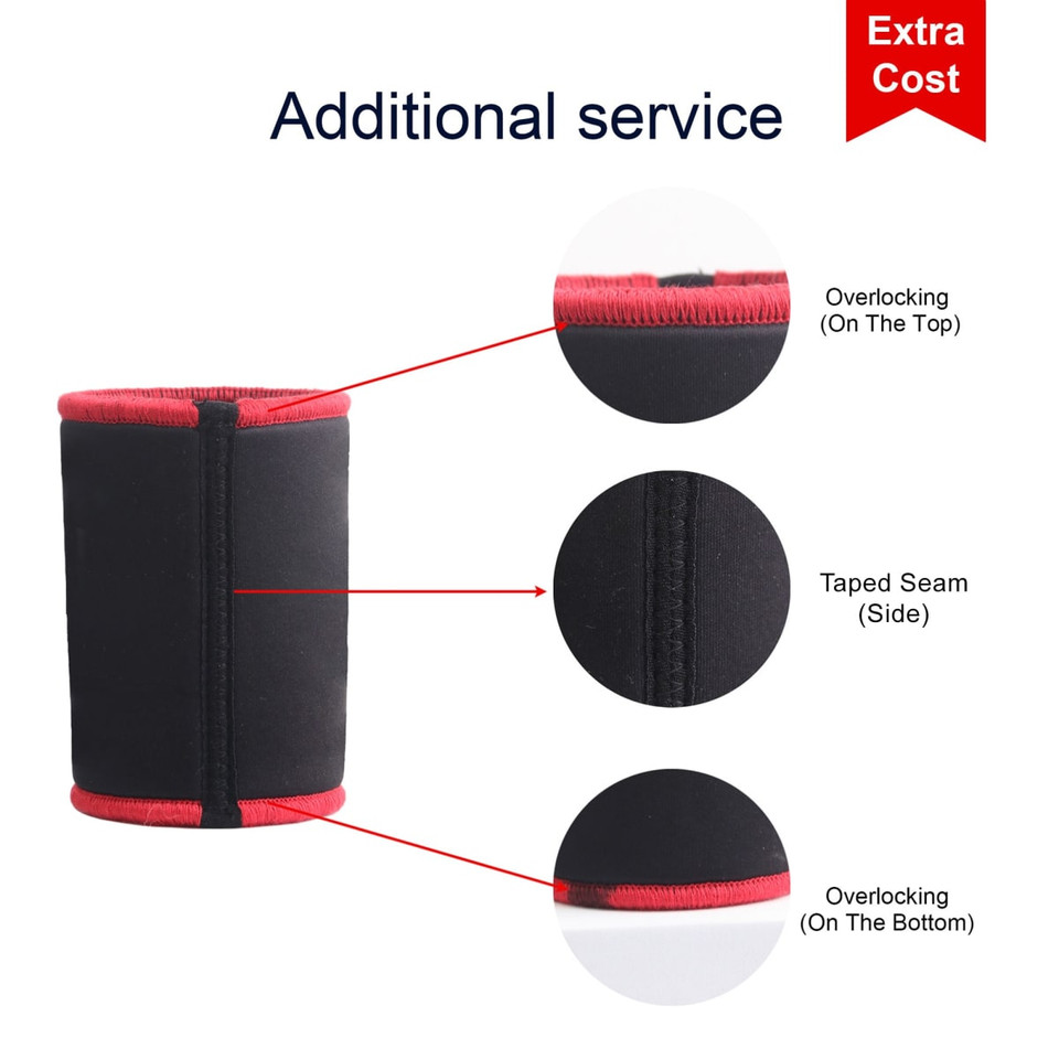 A stubby holder in black with red accents, featuring overlocking and taped seams. It has a simple design and a logo.