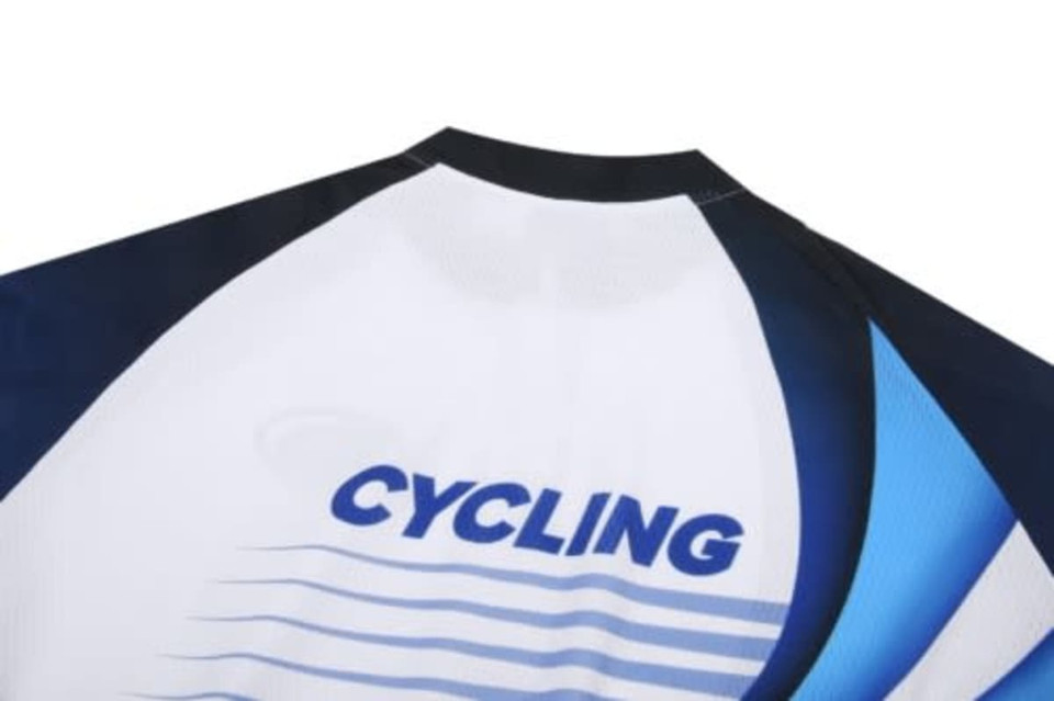 A cycling jersey in white, navy, and blue, featuring a logo and sleek design.