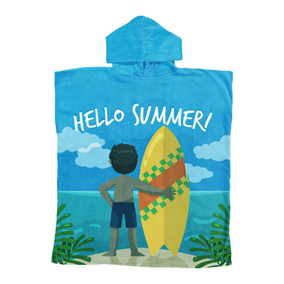 A blue cotton surf poncho towel featuring a graphic of a child with a surfboard and a summer theme.