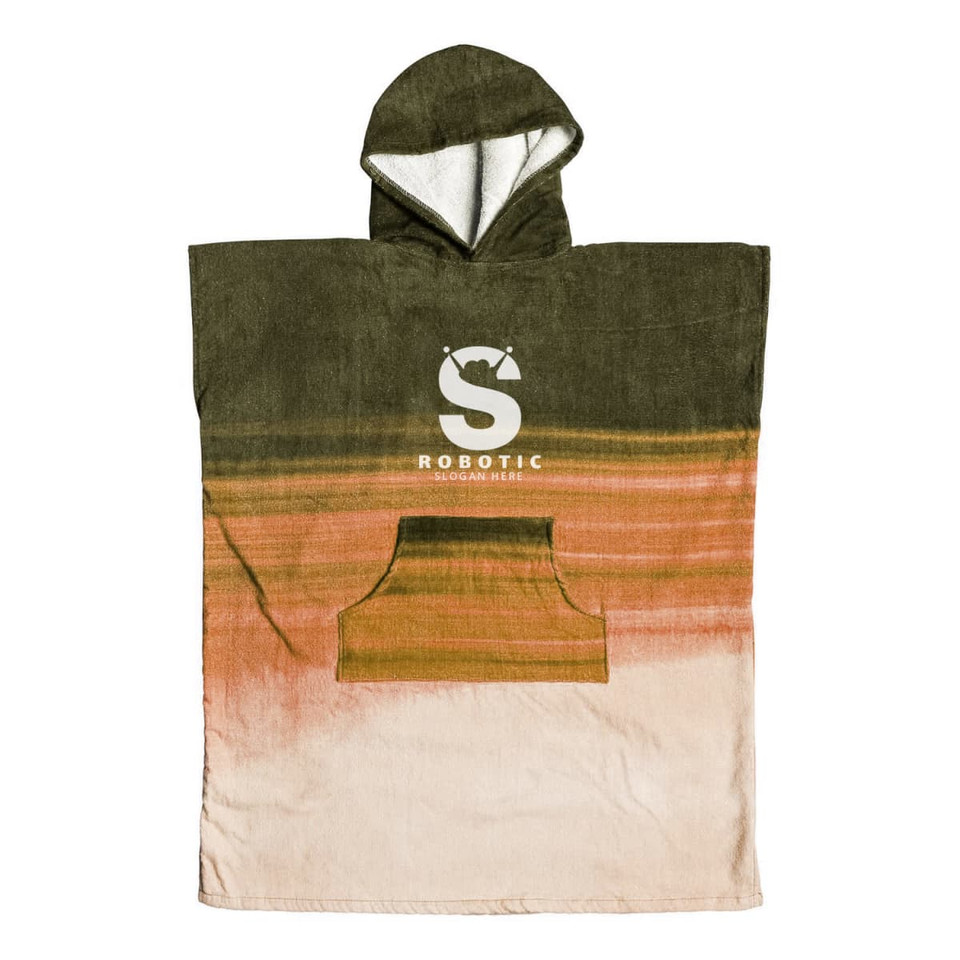 A 100% cotton surf poncho towel in green, orange, and cream. Features a hood and a front pocket, with a logo.