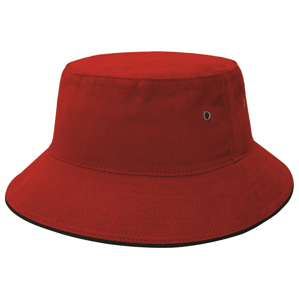 A red Sandwich Brim Bucket Hat featuring a round crown and a wide brim. Includes eyelets and a logo.