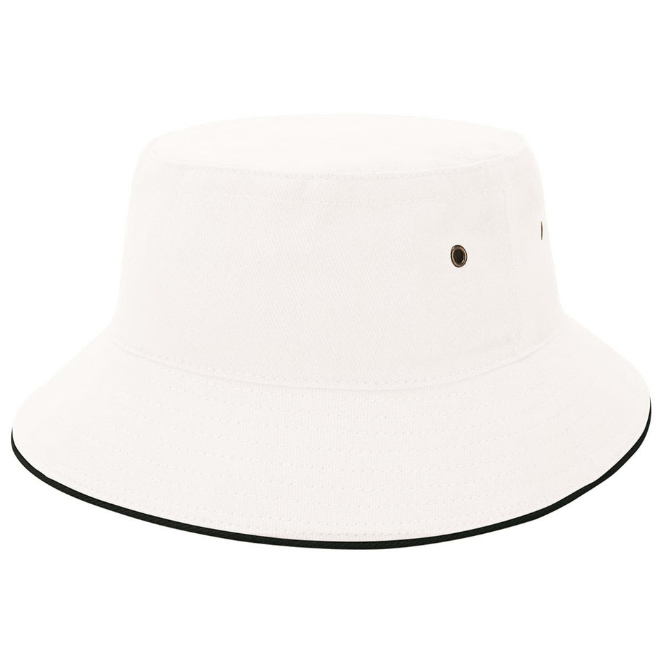 A white bucket hat with a wide brim and a contrasting black edge, featuring small ventilation holes.