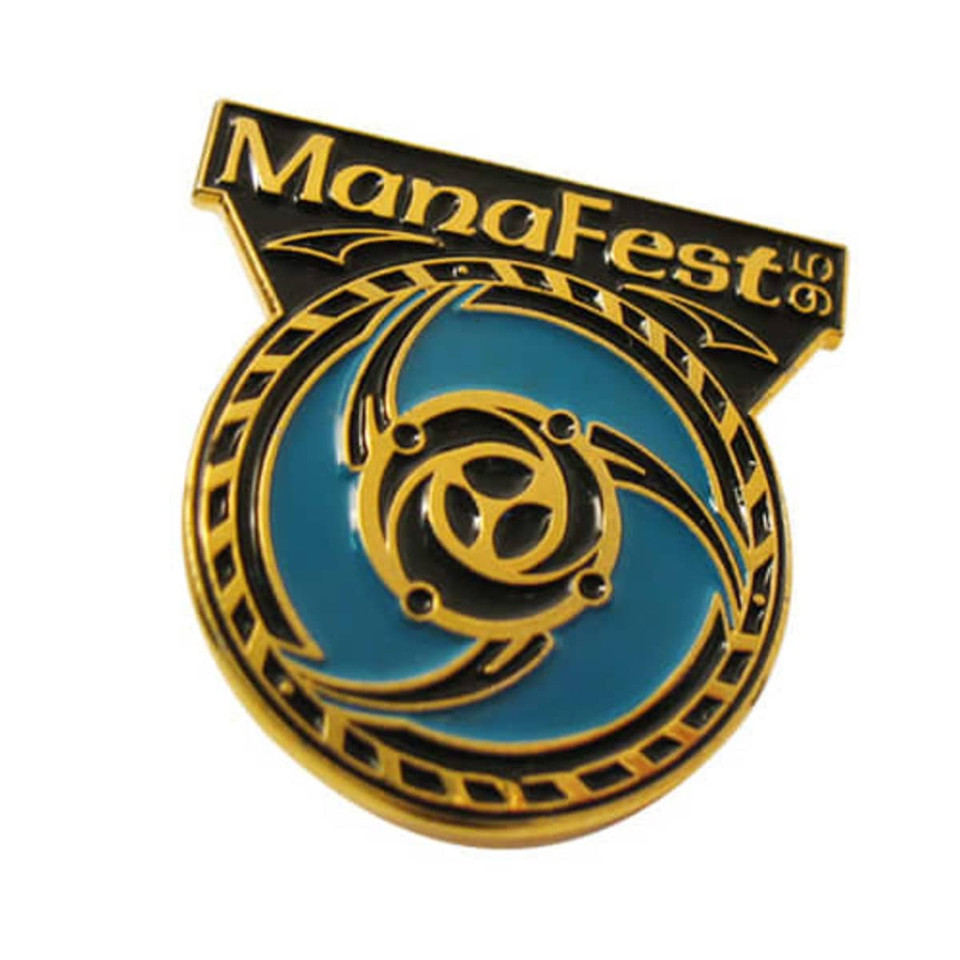 A round, embossed soft enamel pin featuring a blue and gold design with a logo at the top.