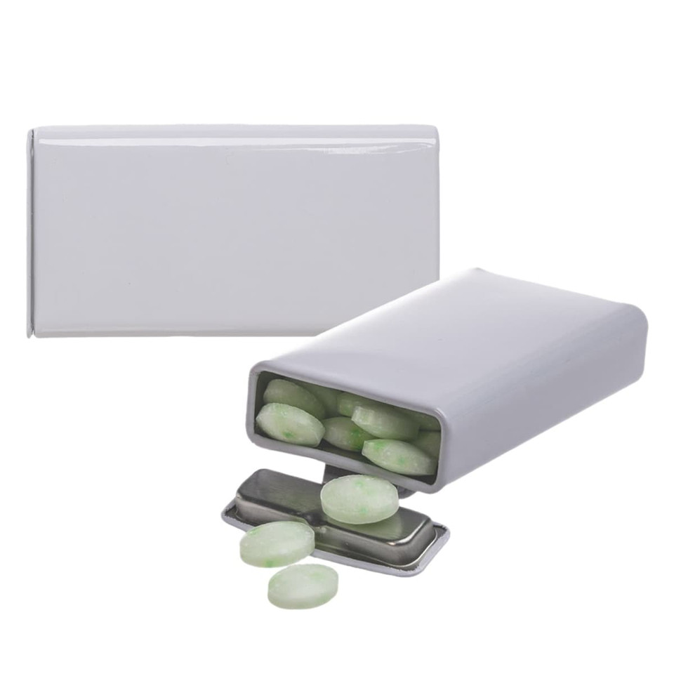 A flip-top tin containing spearmint mints, featuring a sleek white exterior and mint-green candies inside.