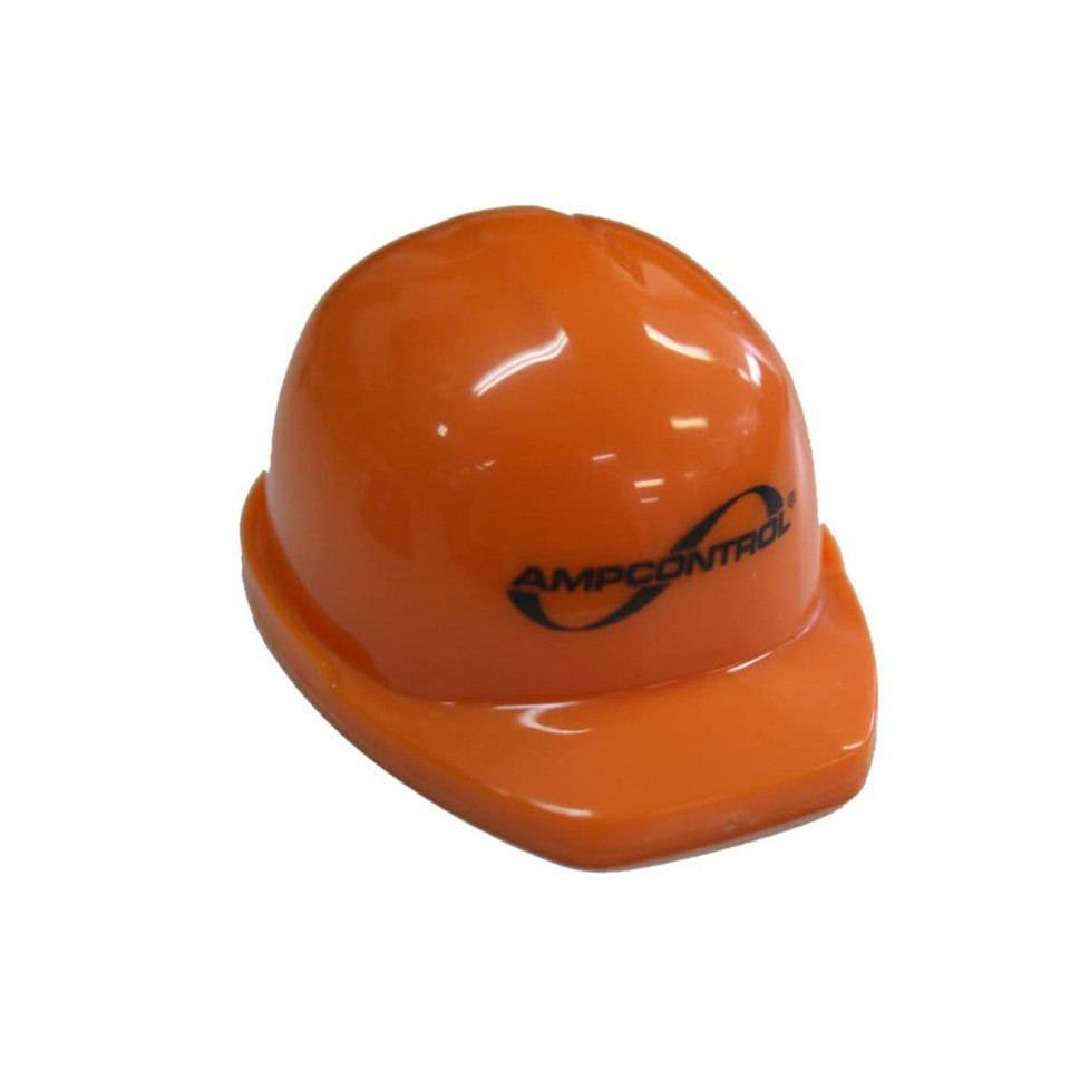 An orange hard hat keyring with a black logo, featuring a glossy finish and a realistic design.